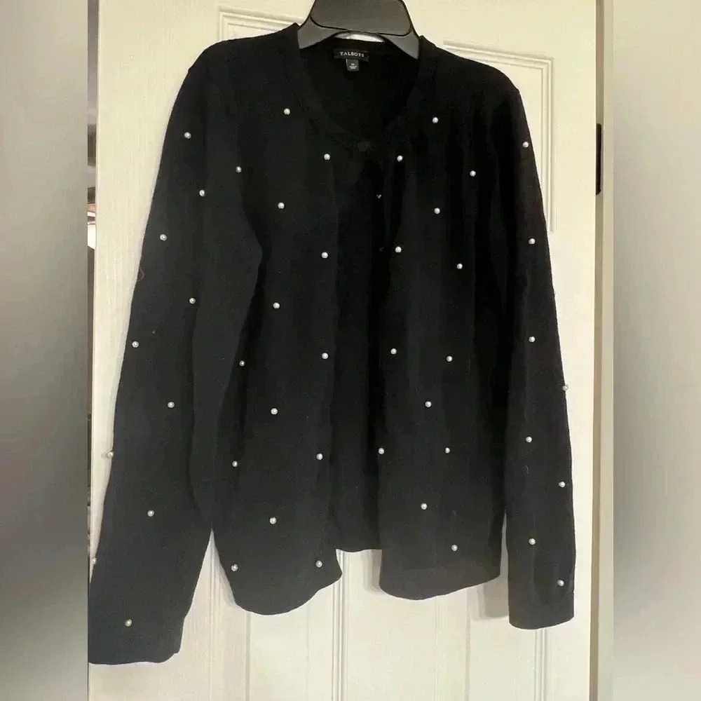 Talbot’s black with white pearls button up sweater size M